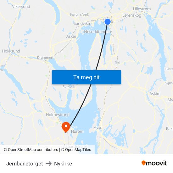 Jernbanetorget to Nykirke map