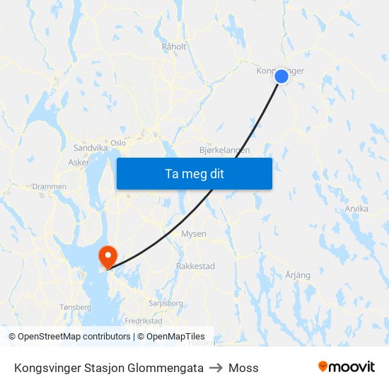 Kongsvinger Stasjon Glommengata to Moss map
