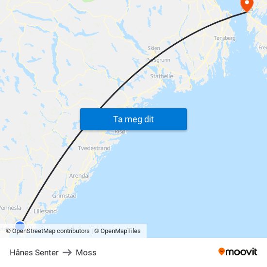 Hånes Senter to Moss map