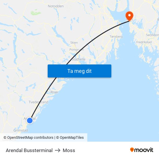 Arendal Bussterminal to Moss map