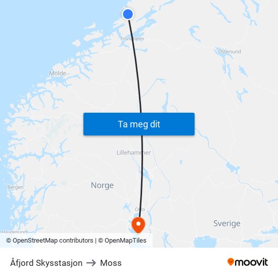 Åfjord Skysstasjon to Moss map