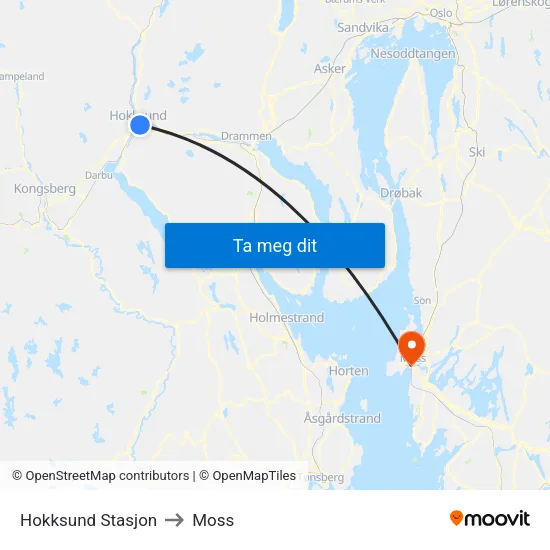 Hokksund Stasjon to Moss map