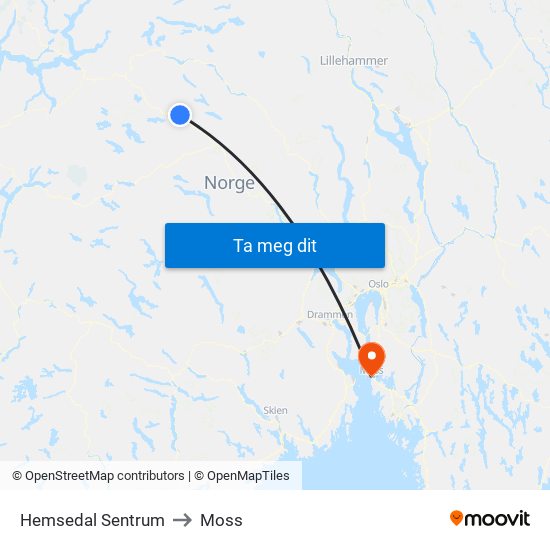 Hemsedal Sentrum to Moss map