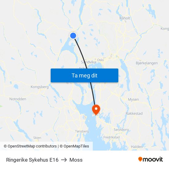 Ringerike Sykehus E16 to Moss map