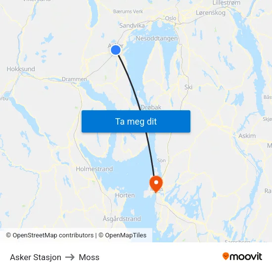Asker Stasjon to Moss map