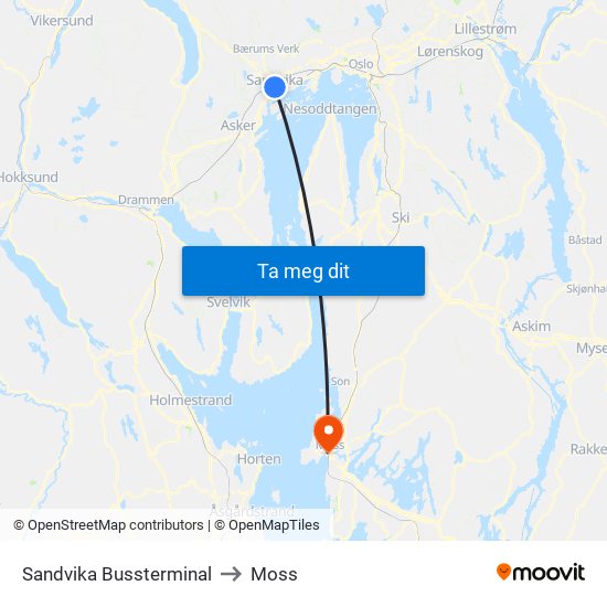 Sandvika Bussterminal to Moss map