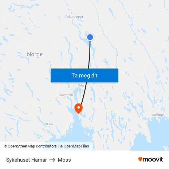 Sykehuset Hamar to Moss map
