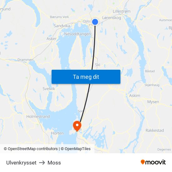 Ulvenkrysset to Moss map