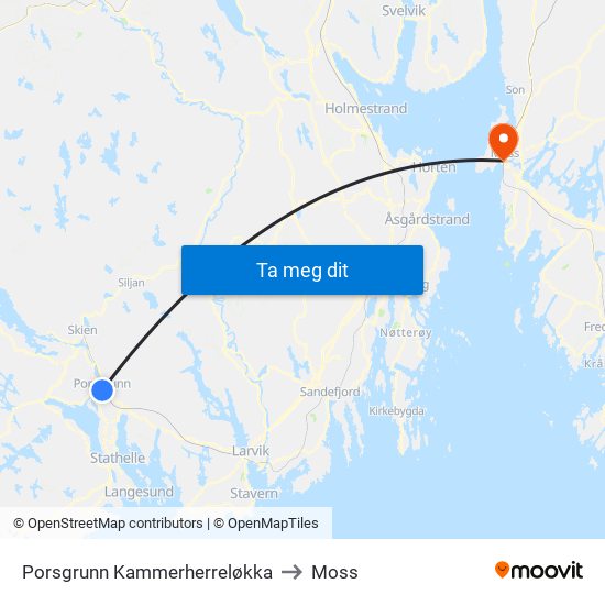 Porsgrunn Kammerherreløkka to Moss map