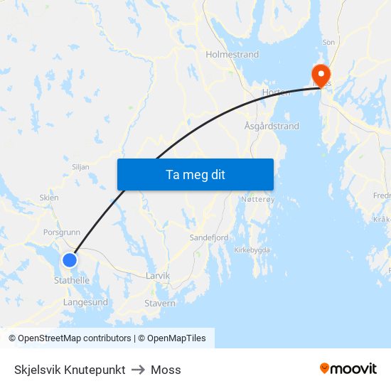 Skjelsvik Knutepunkt to Moss map