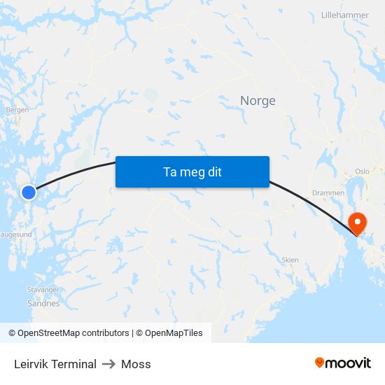 Leirvik Terminal to Moss map