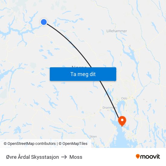 Øvre Årdal Skysstasjon to Moss map