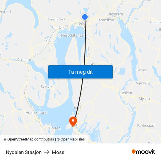 Nydalen Stasjon to Moss map