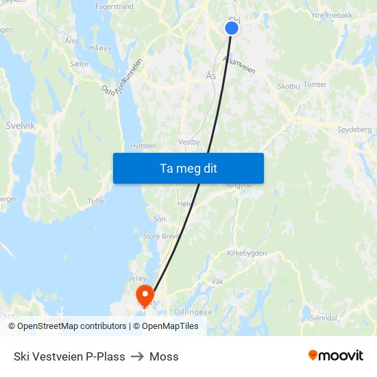 Ski Vestveien P-Plass to Moss map