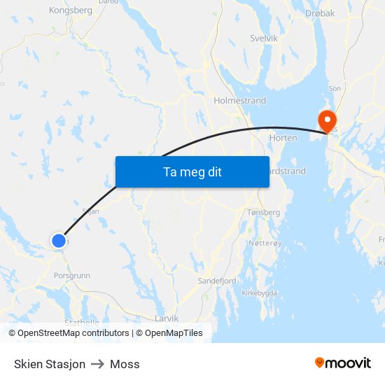 Skien Stasjon to Moss map