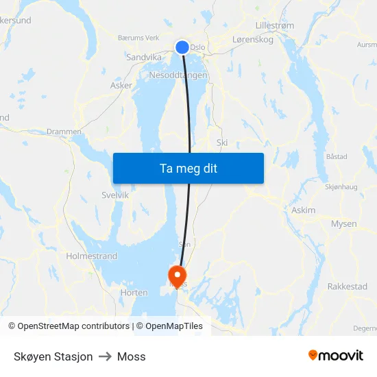 Skøyen Stasjon to Moss map