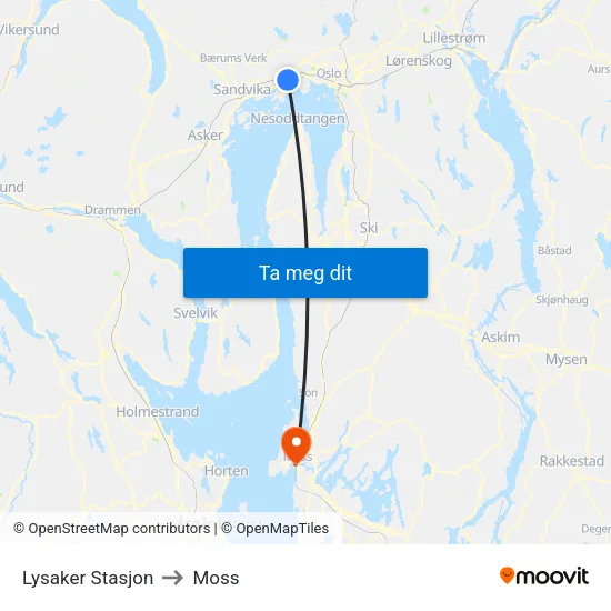 Lysaker Stasjon to Moss map