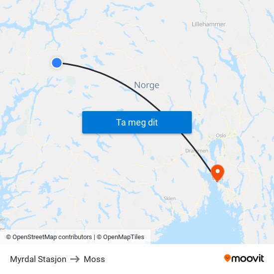 Myrdal Stasjon to Moss map