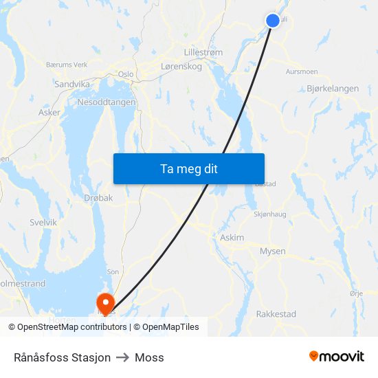 Rånåsfoss Stasjon to Moss map