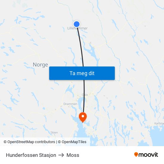 Hunderfossen Stasjon to Moss map