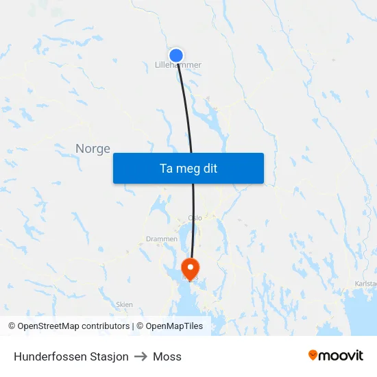 Hunderfossen Stasjon to Moss map