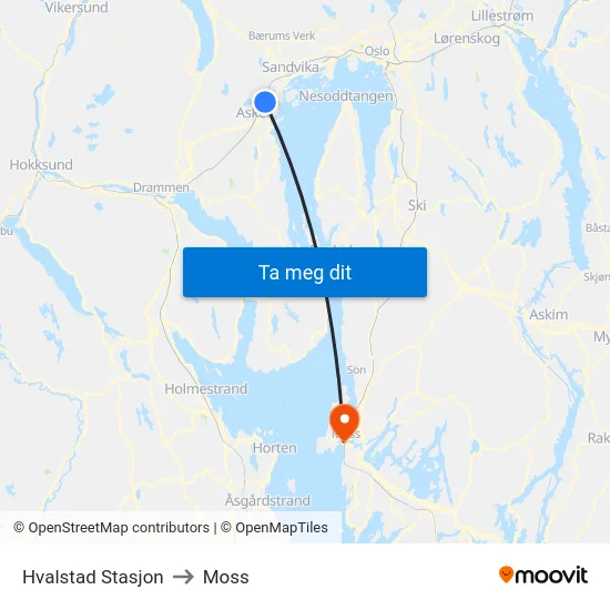 Hvalstad Stasjon to Moss map