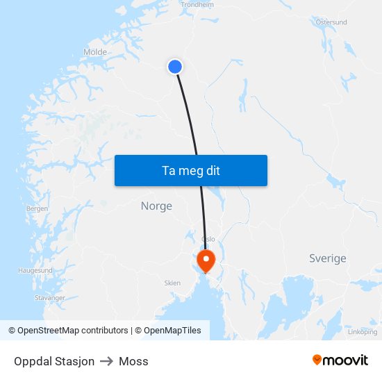 Oppdal Stasjon to Moss map