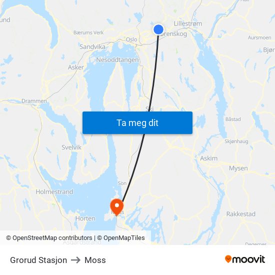 Grorud Stasjon to Moss map