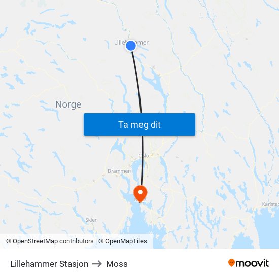 Lillehammer Stasjon to Moss map
