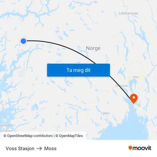 Voss Stasjon to Moss map