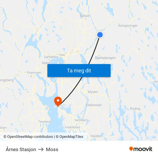 Årnes Stasjon to Moss map