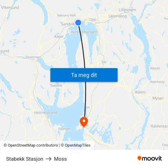 Stabekk Stasjon to Moss map