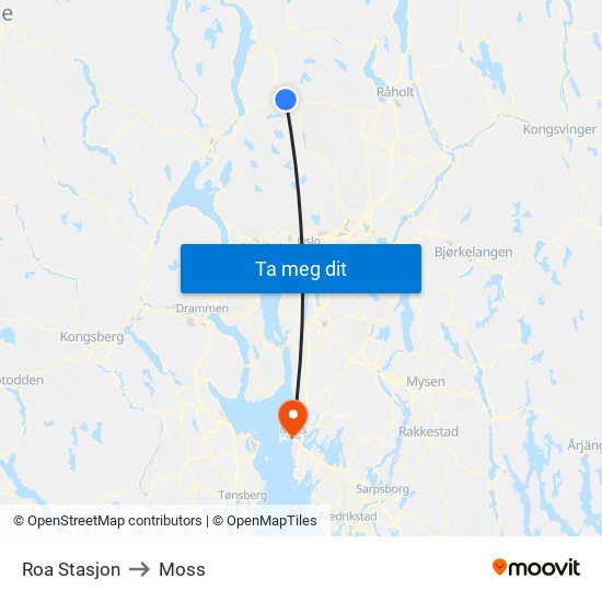 Roa Stasjon to Moss map