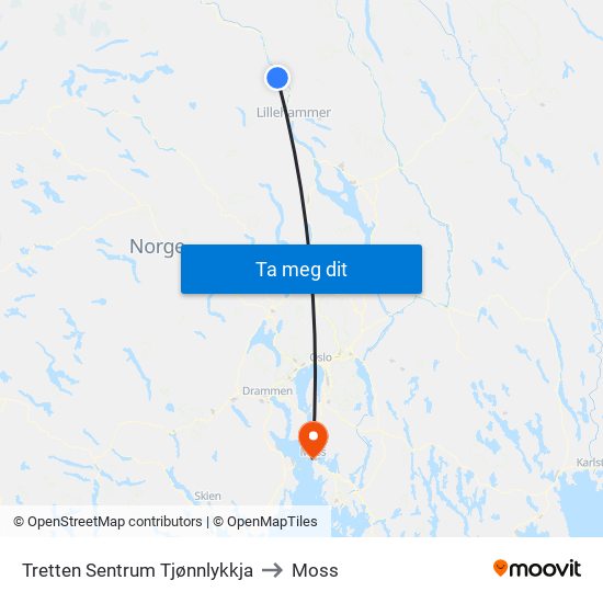 Tretten Sentrum Tjønnlykkja to Moss map