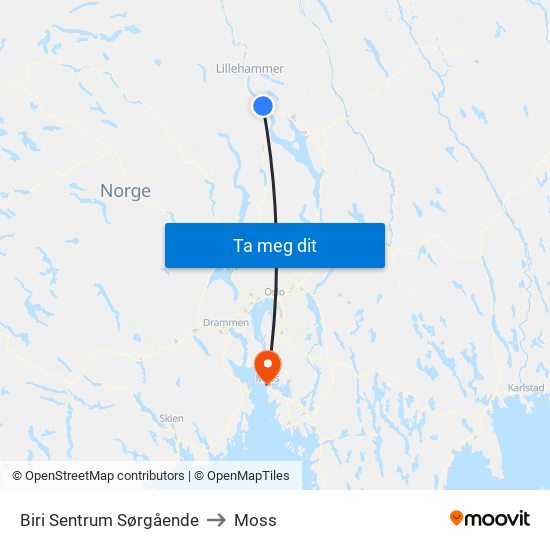 Biri Sentrum Sørgående to Moss map