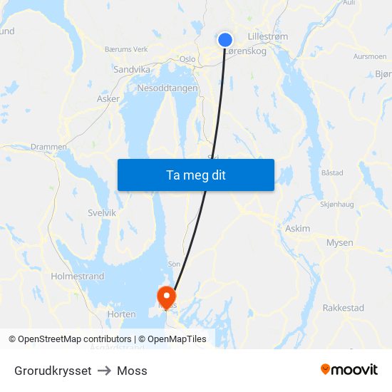 Grorudkrysset to Moss map