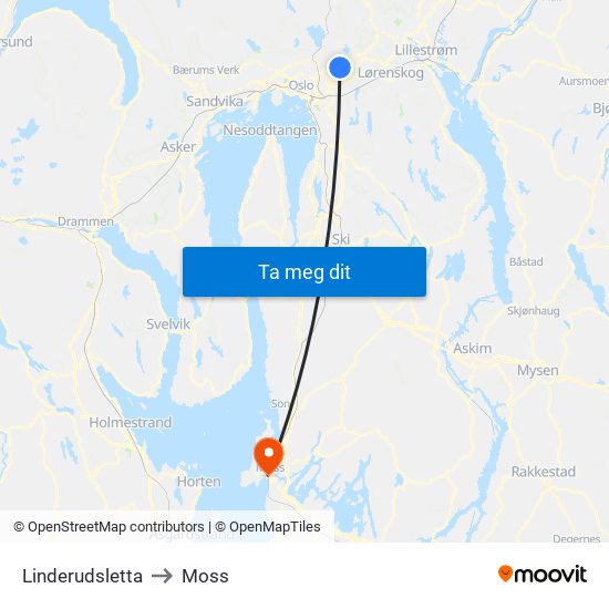 Linderudsletta to Moss map