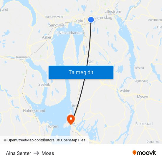 Alna Senter to Moss map