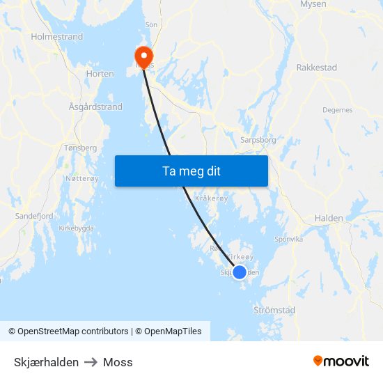 Skjærhalden to Moss map