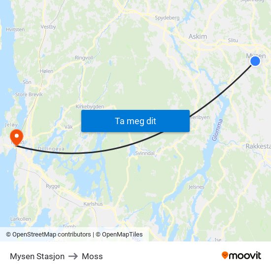 Mysen Stasjon to Moss map
