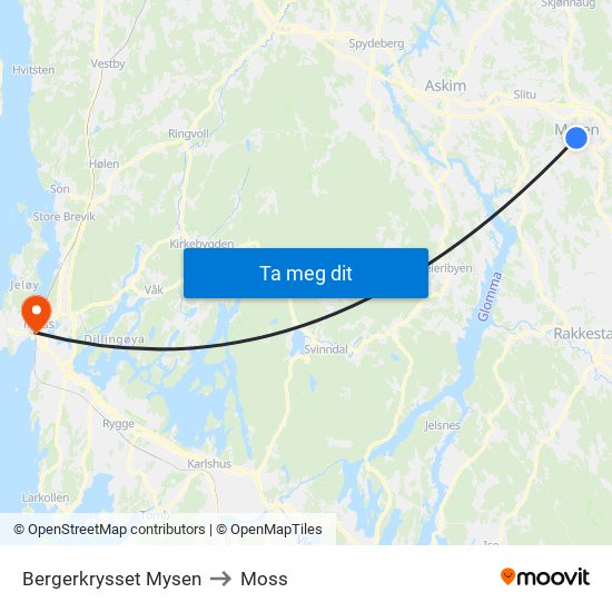 Bergerkrysset Mysen to Moss map