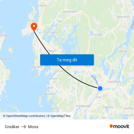 Greåker to Moss map