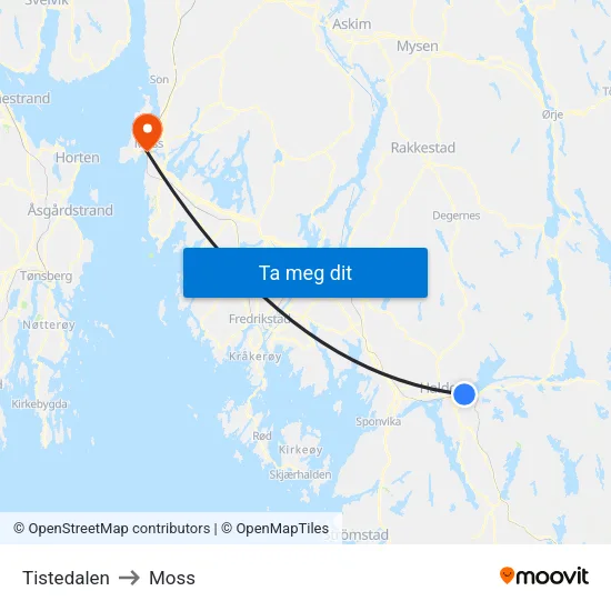 Tistedalen to Moss map