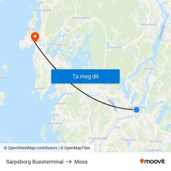 Sarpsborg Bussterminal to Moss map