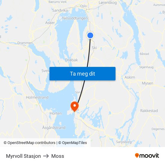 Myrvoll Stasjon to Moss map