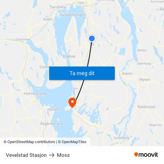 Vevelstad Stasjon to Moss map