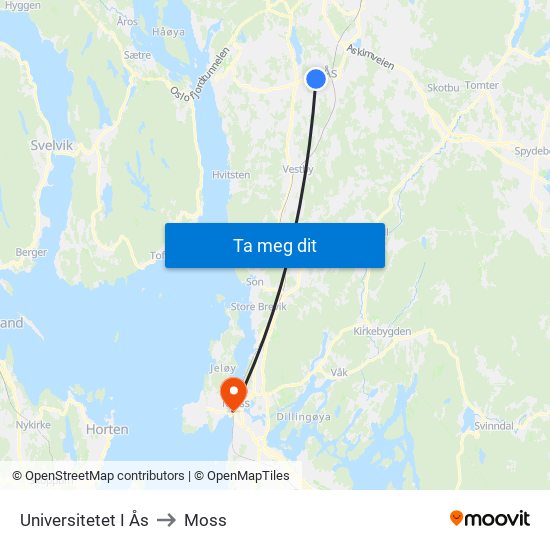 Universitetet I Ås to Moss map