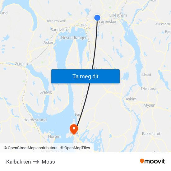 Kalbakken to Moss map