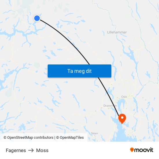 Fagernes to Moss map