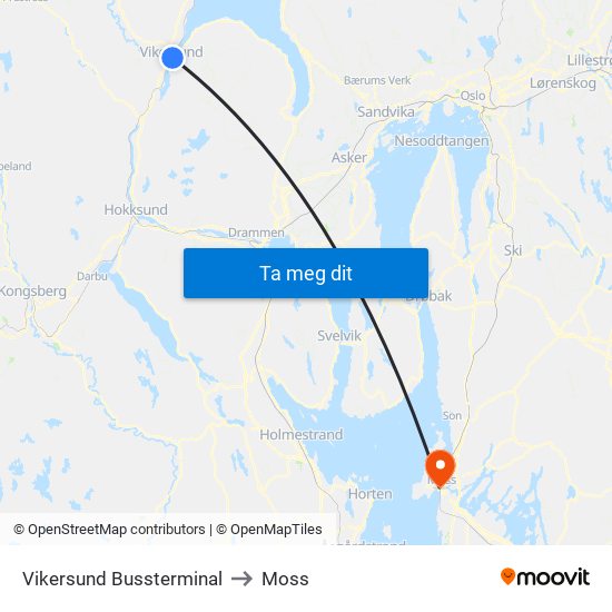 Vikersund Bussterminal to Moss map